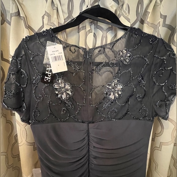 Xscape special occasion dress. Grey w/beads. Size 8. NEW w/tags. Beautiful - Picture 4 of 6